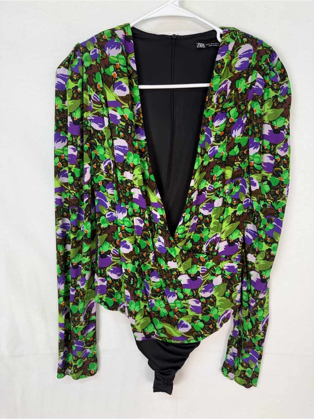Zara Green & Purple Floral Surplice Bodysuit with Black Panel